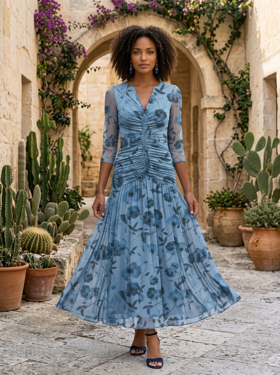 Dusty Blue Floral Notch V-Neck Front & Back Ruched 3/4 Sleeve Chiffon Midi Dress