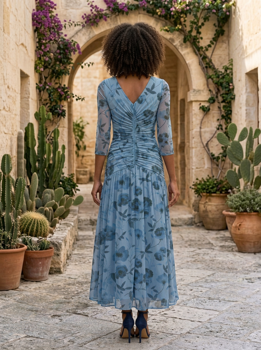 Dusty Blue Floral Notch V-Neck Front & Back Ruched 3/4 Sleeve Chiffon Midi Dress
