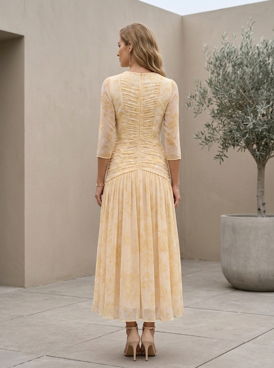 Pale Yellow Floral Notch V-Neck Front & Back Ruched 3/4 Sleeve Chiffon Midi Dress