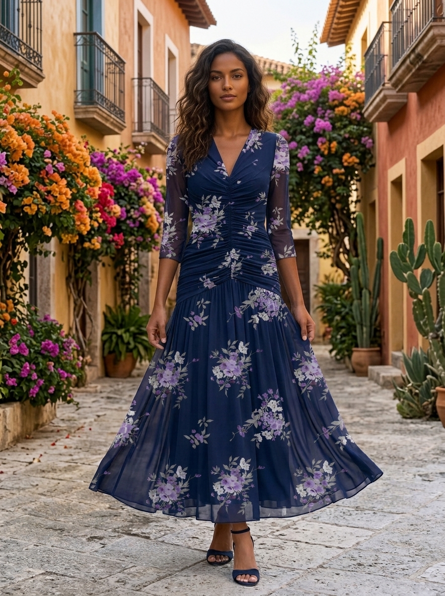 Navy Purple Floral Front & Back V-Neck Ruched 3/4 Sleeve Chiffon Midi Dress