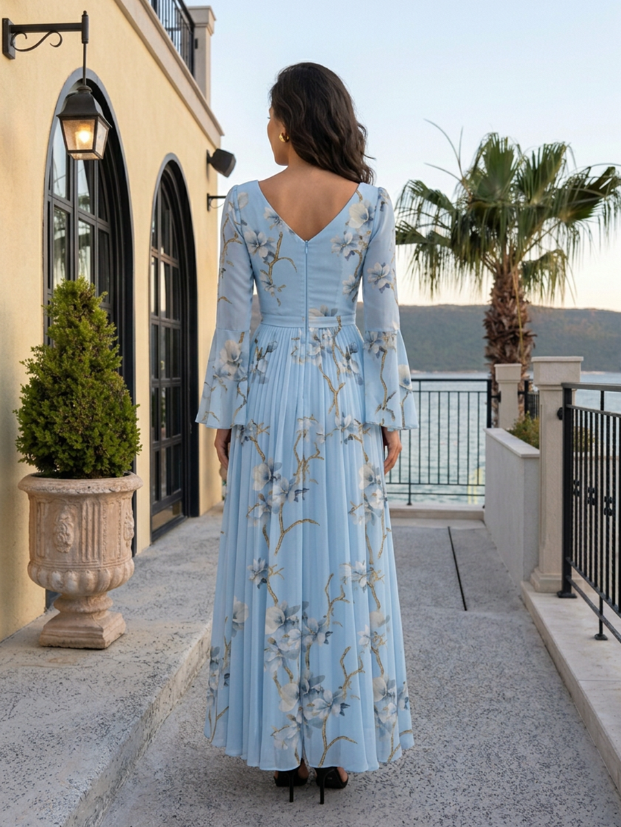 Sweetheart Neck Bell Sleeve Pleated Floral Print Floor-Length Chiffon Gown