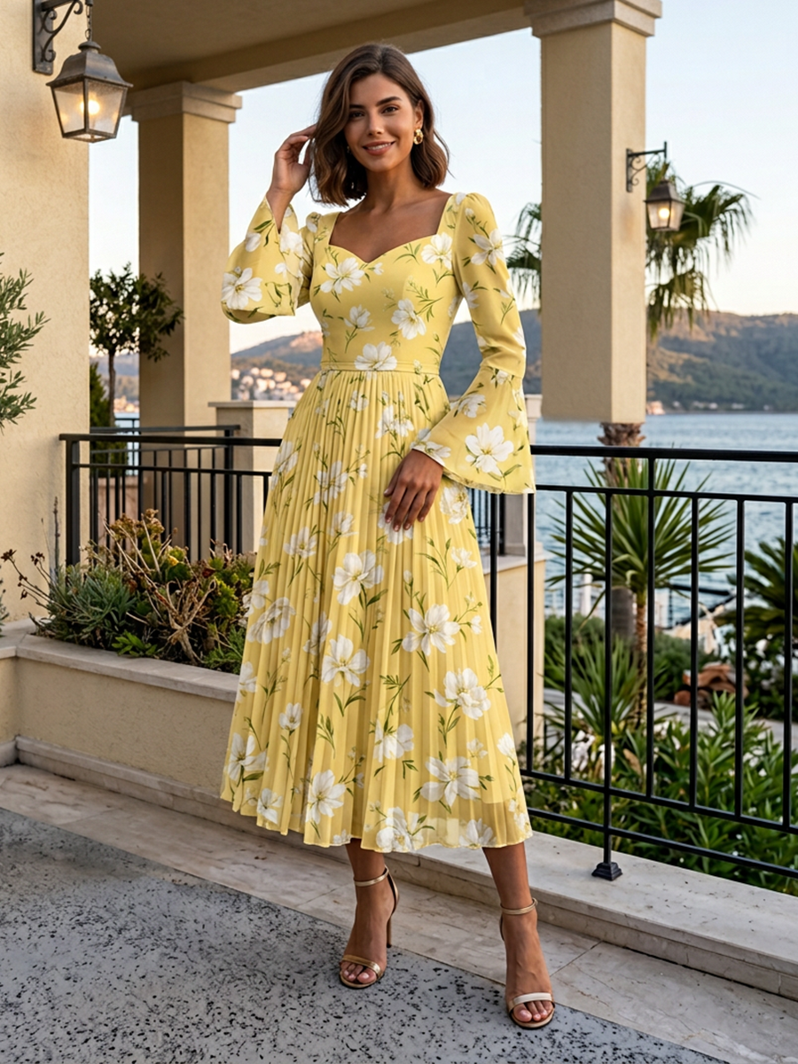 Sweetheart Neck Bell Sleeve Pleated Floral Print Midi Chiffon Dress