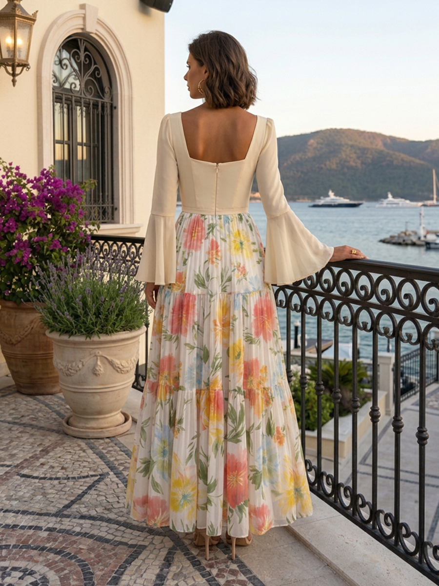 Sweetheart Neck Bell Sleeve Tiered Floral Print Floor-Length Gown