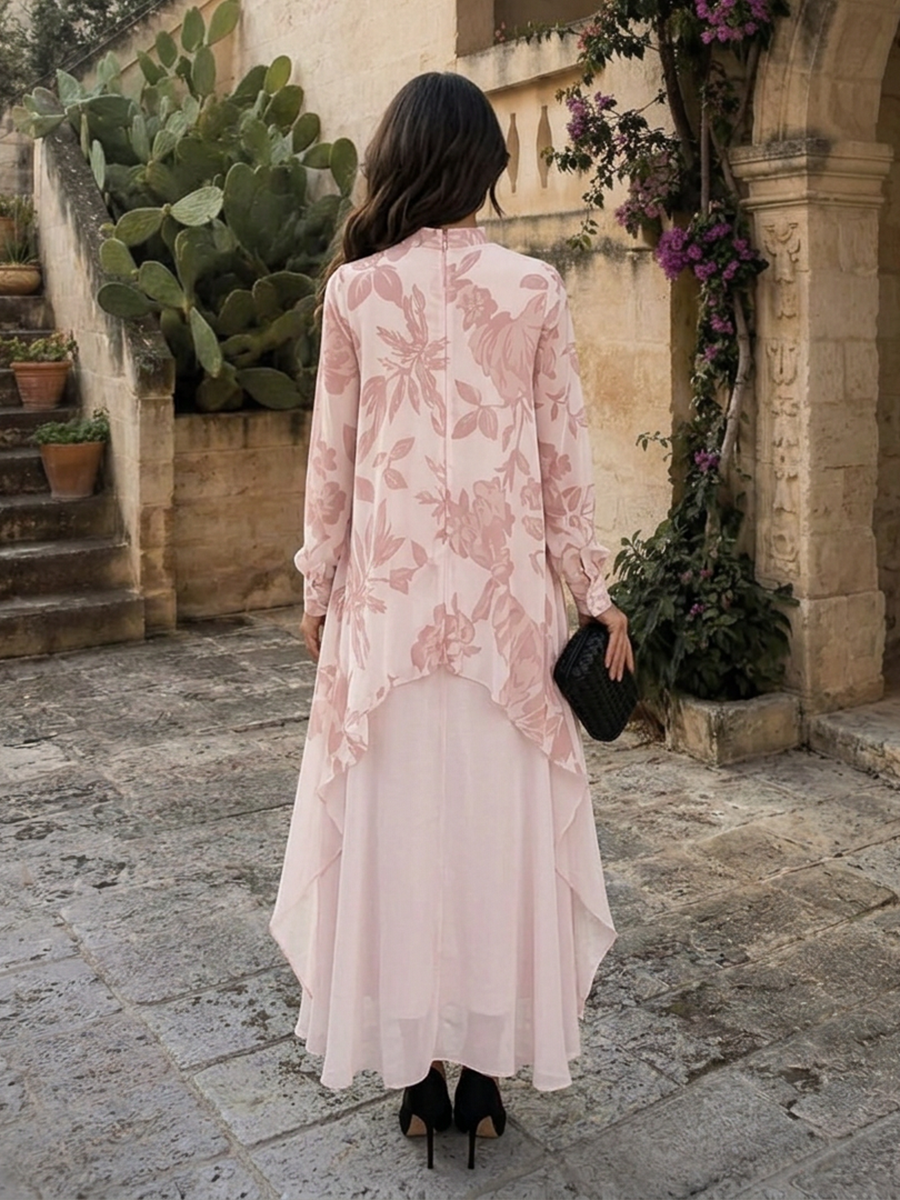 Mock Neck Long Sleeve Overlay High-Low Floral Print Chiffon Gown