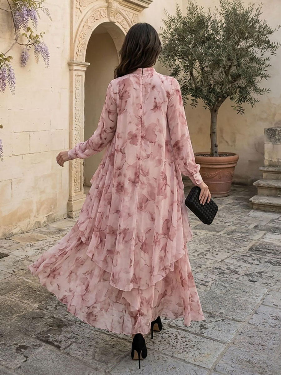 Mock Neck Long Sleeve Layered Floral Print Floor-Length Chiffon Gown