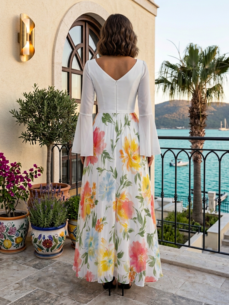 Sweetheart Neck Long Bell Sleeve Floral Print Floor-Length Chiffon Gown