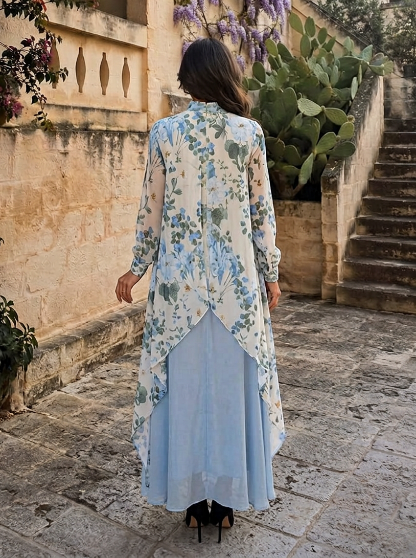Mock Neck Long Sleeve Asymmetric Overlay Floral Print Floor-Length Chiffon Gown