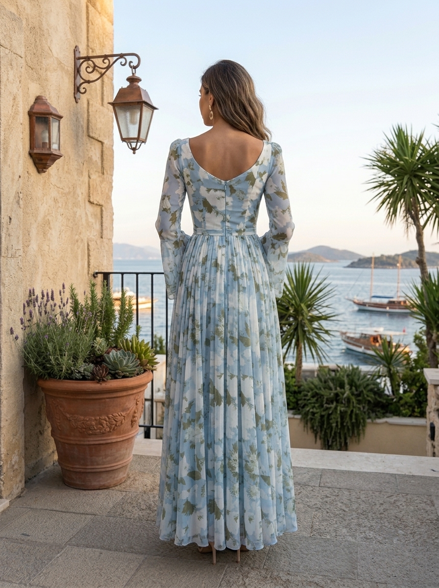 Light Blue White Floral Print Sweetheart Square Neck Flare Long Sleeve Full Skirt Dress