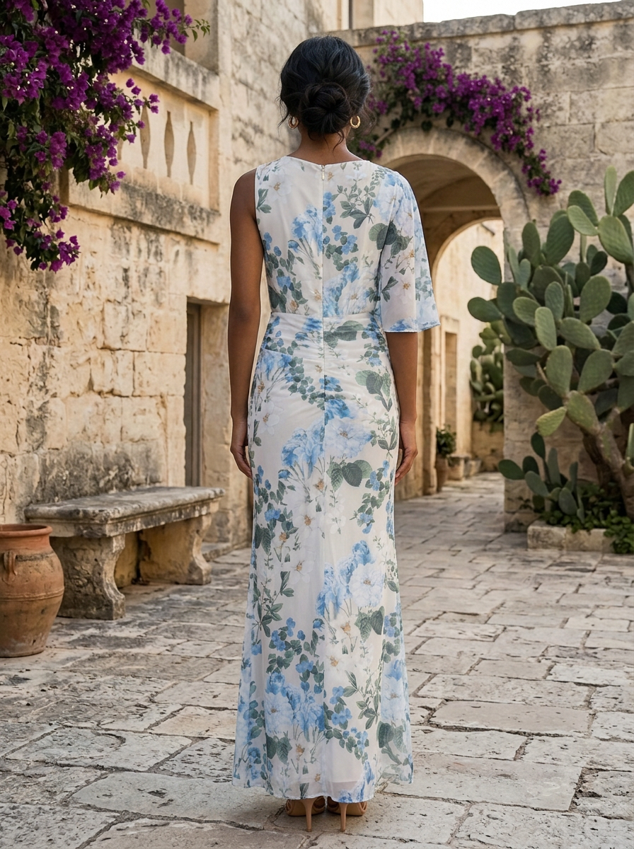 Asymmetric One-Shoulder Short Sleeve Ruched Floral Print Floor-Length Chiffon Gown