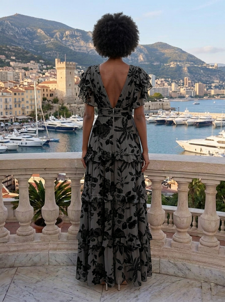 V-Neck Ruffled Tiered Pleated Floral Print Floor-Length Chiffon Gown