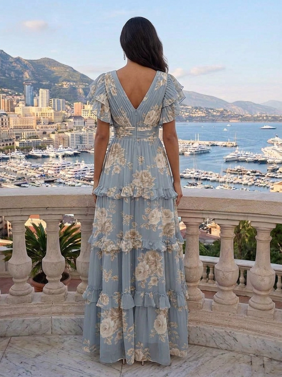 V-Neck Ruffled Tiered Pleated Floral Print Floor-Length Chiffon Gown