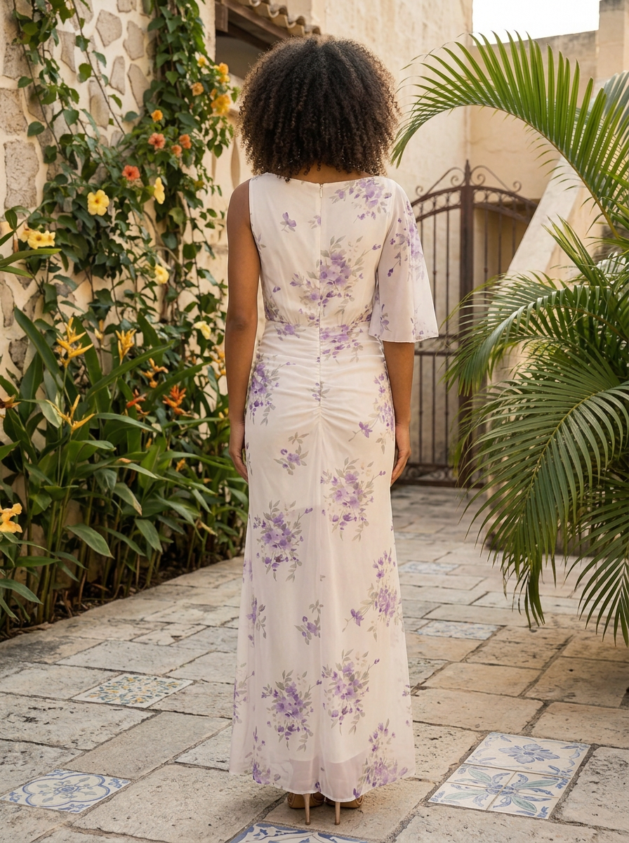 Asymmetric One-Shoulder Ruffle Sleeve Ruched Floral Print Floor-Length Gown