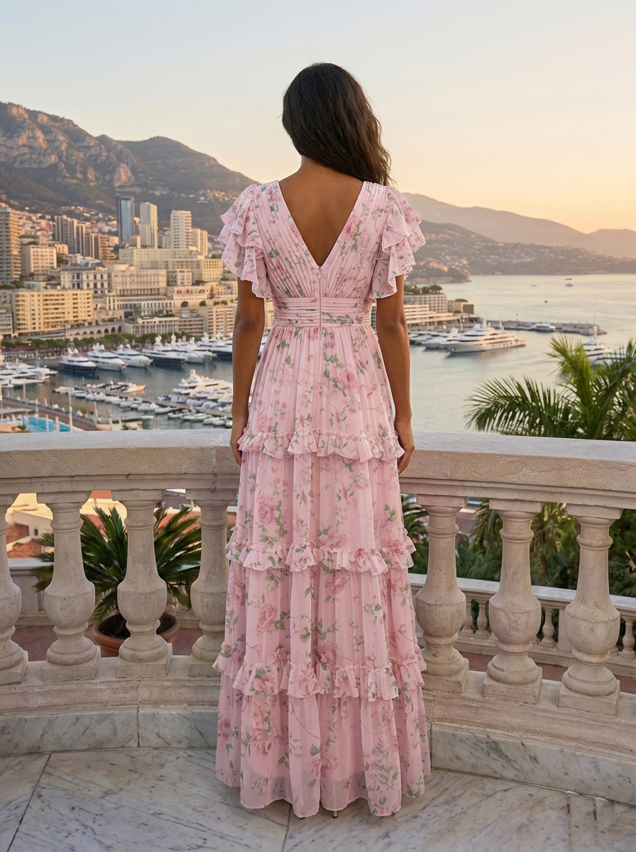 V-Neck Ruffle Short Sleeve Tiered Floral Print Floor-Length Chiffon Gown