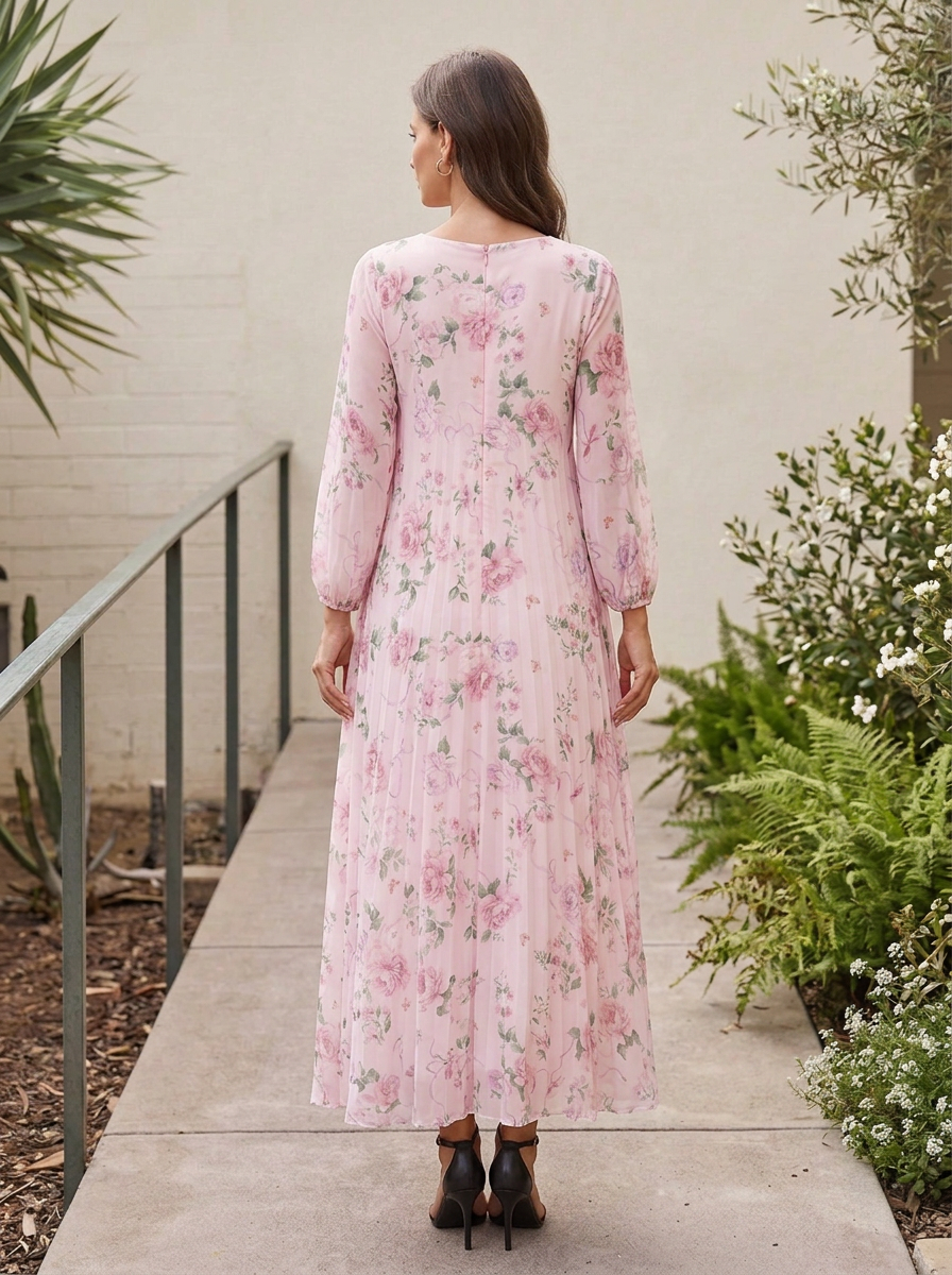 Round Neck Long Sleeve Pleated Floral Print Floor-Length Chiffon Gown