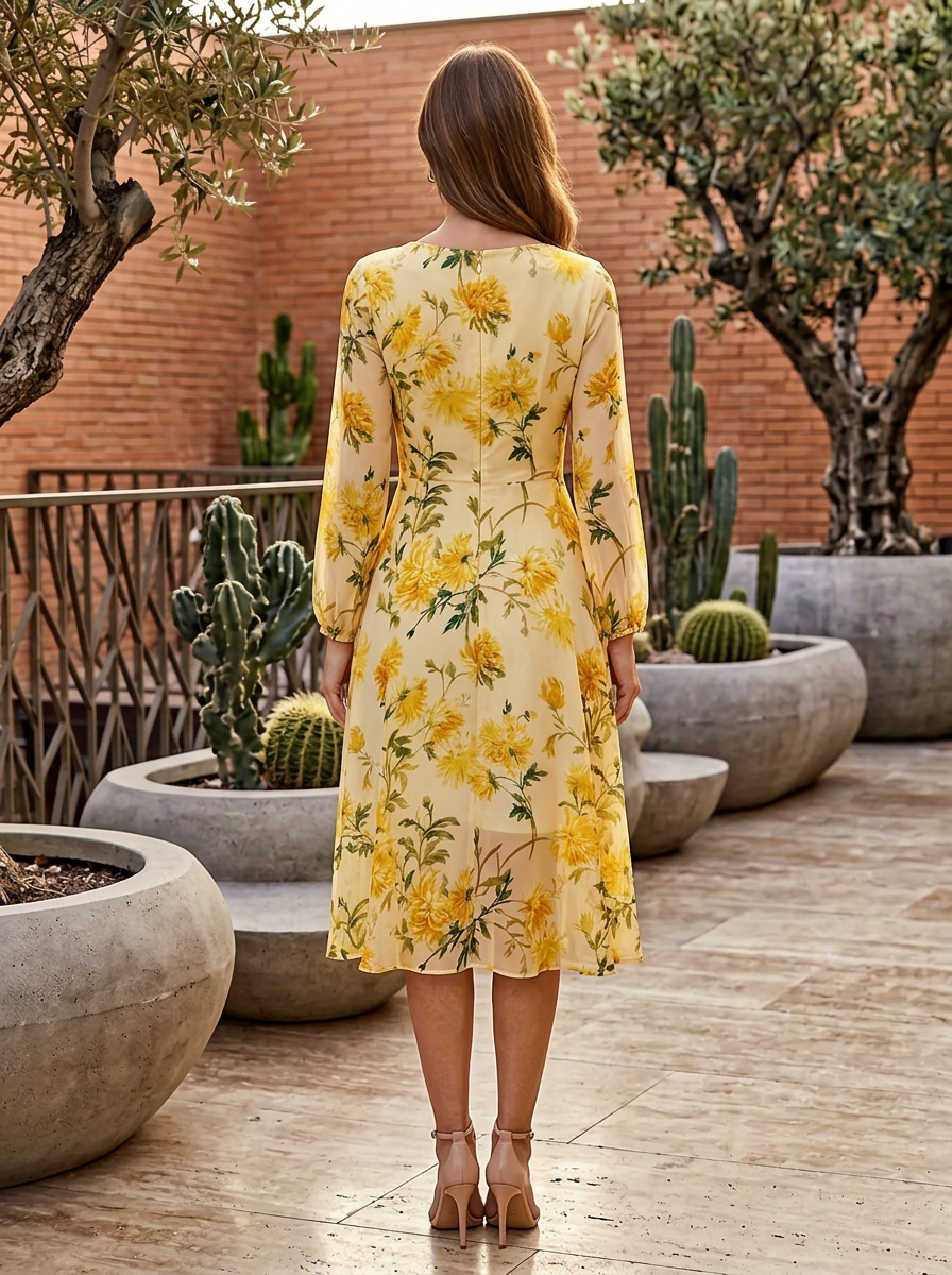 Round Neck Long Sleeve Floral Print Midi Chiffon A-Line Dress