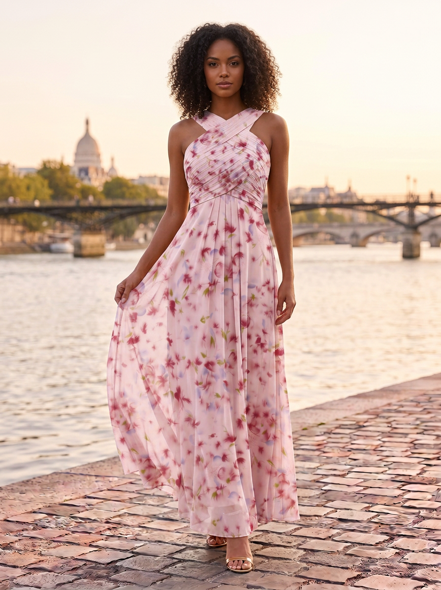 Halter Crisscross Pleated Floral Print Floor-Length Chiffon Gown