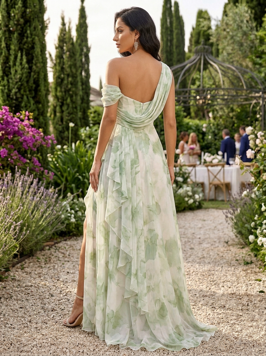 Asymmetric One-Shoulder Slit Floral Print Floor-Length Chiffon Gown