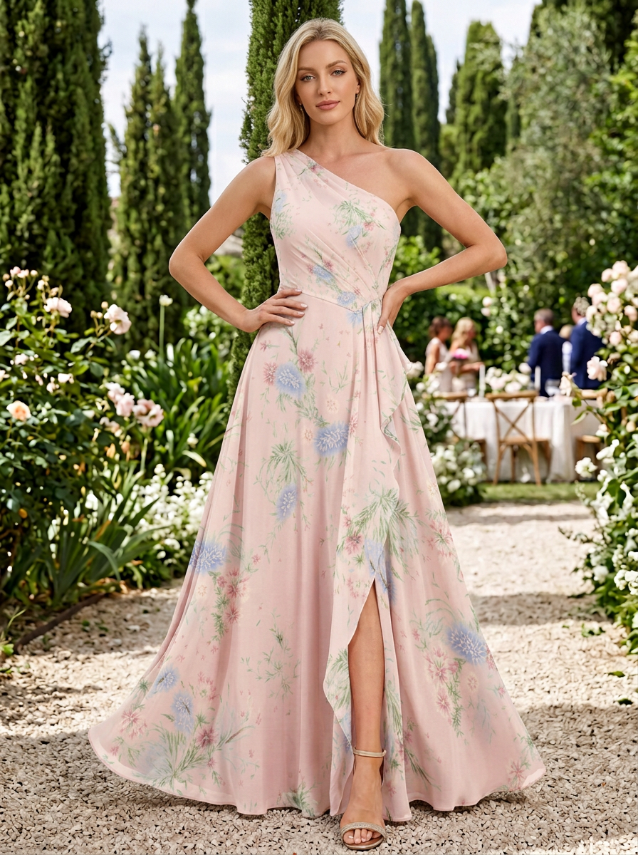 Asymmetric One-Shoulder Slit Floral Print Floor-Length Chiffon Gown