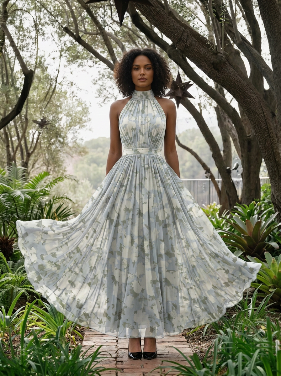Halter Pleated Floral Print Floor-Length Chiffon Gown