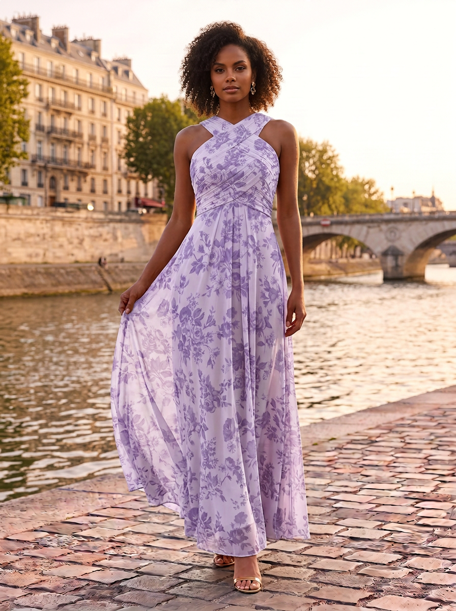 Halter Crisscross Pleated Floral Print Floor-Length Chiffon Gown