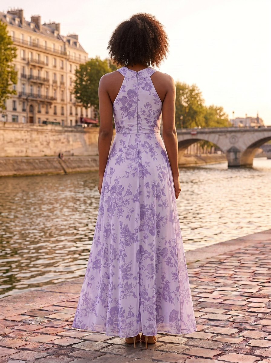 Halter Crisscross Pleated Floral Print Floor-Length Chiffon Gown