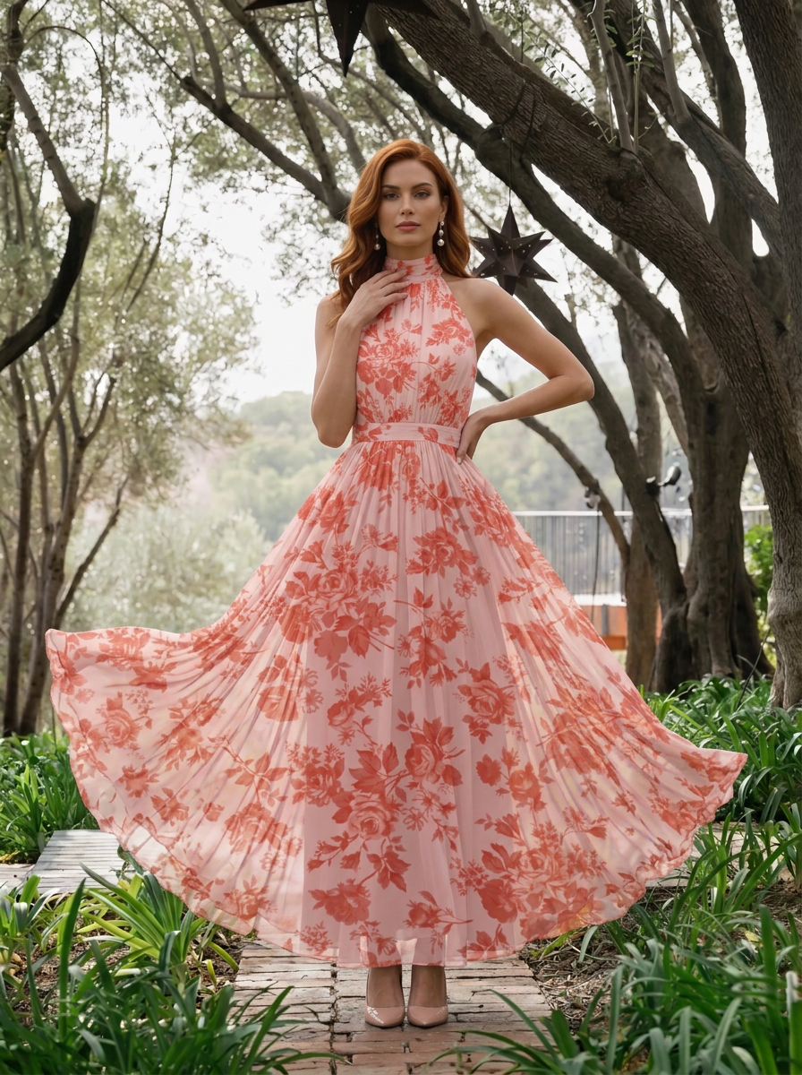 Halter Pleated Floral Print Floor-Length Chiffon Gown