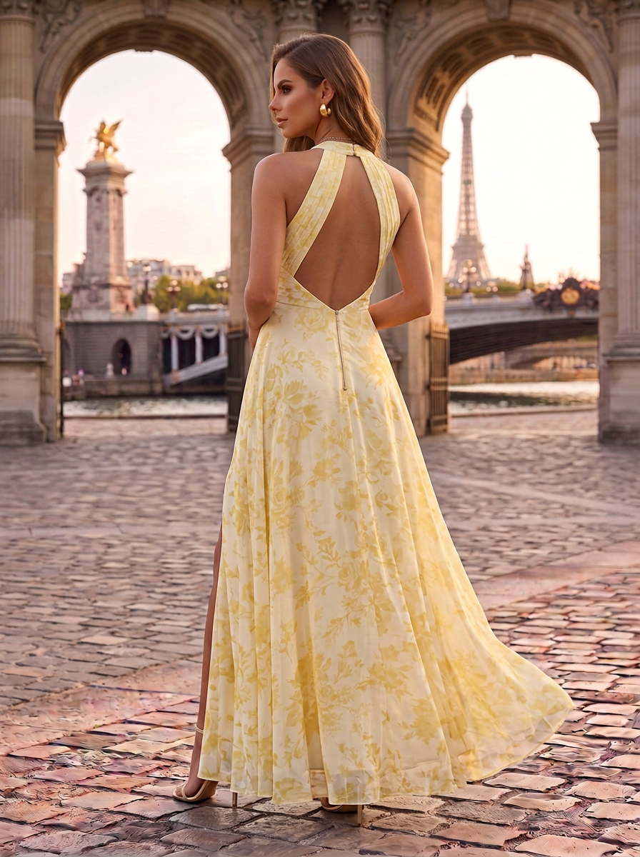 Crossover Halter Neck Slit Floral Print Floor-Length Chiffon Gown