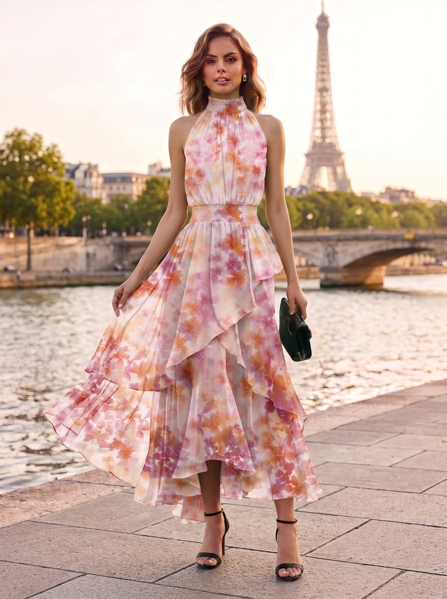 Emanate effortless grace in this stunning blue and white floral print long gown, expertly crafted for garden weddings, destination celebrations, and formal evening galas. The fitted bodice features an asymmetric one-shoulder neckline with a single short f