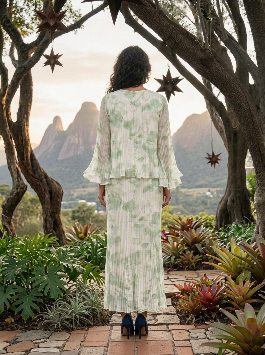 Keyhole Neck Flared Sleeve Pleated Floral Print Floor-Length Chiffon Gown