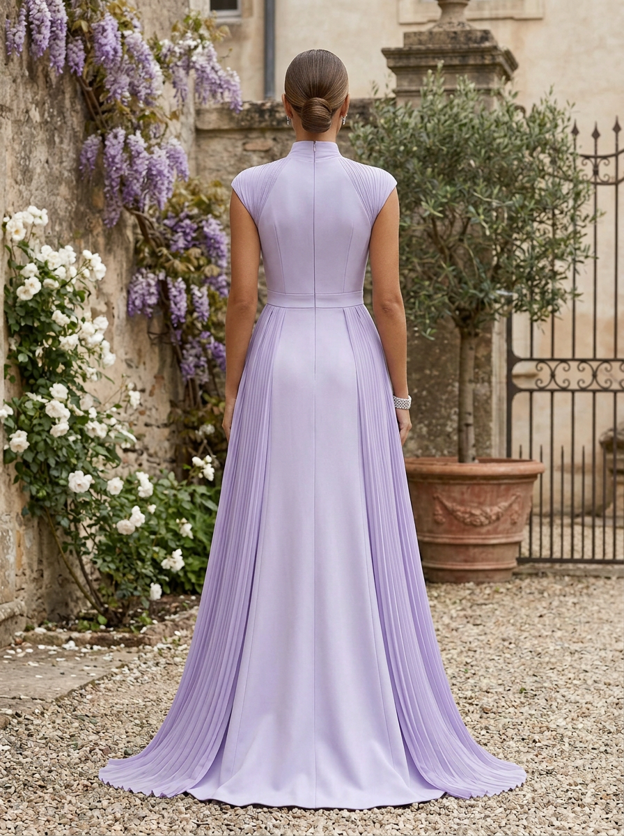 Formal Evening Dress Purple Stand Collar Pleated Train Maxi Gown