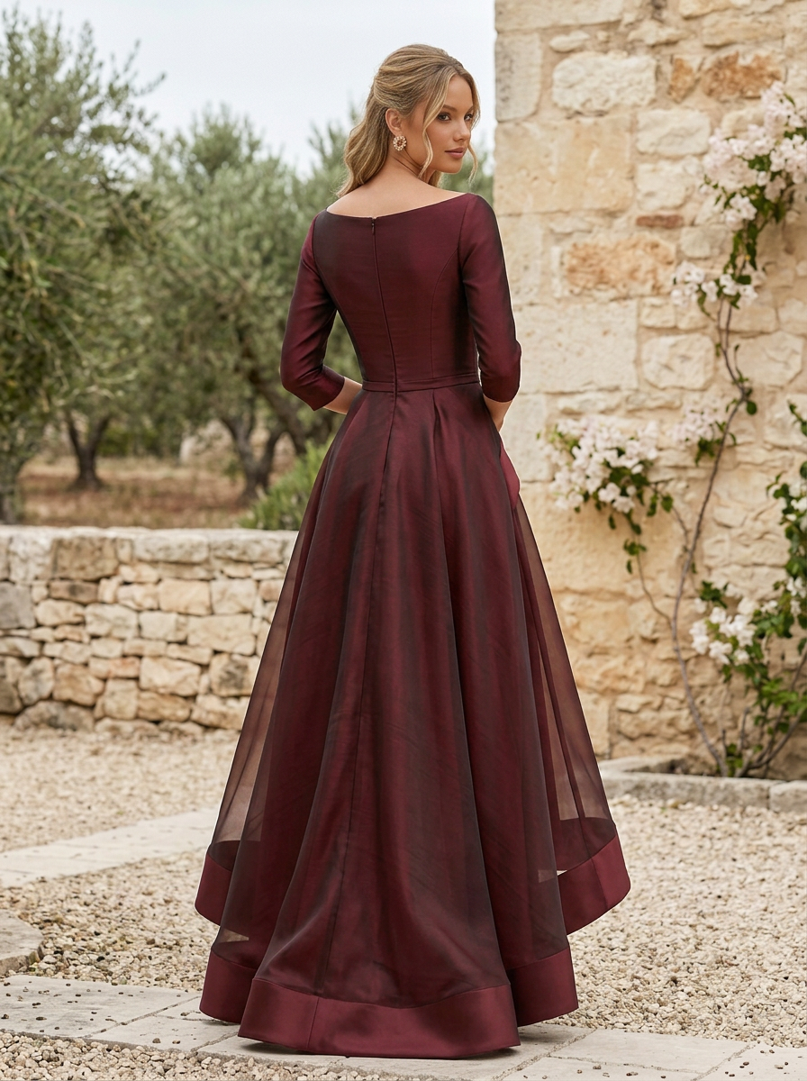 Draped Waist Organza High-Low Evening Dress