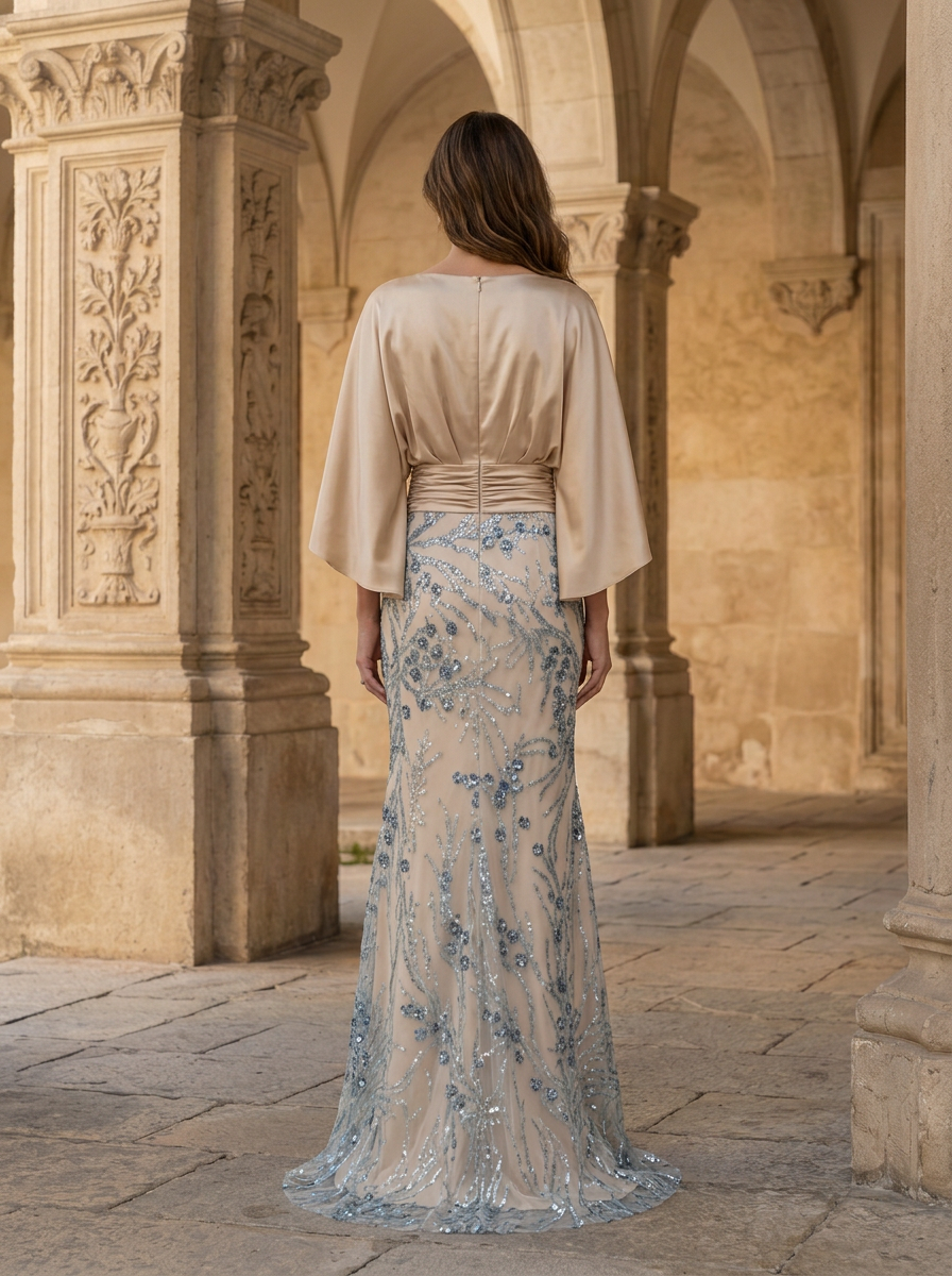 Champagne-colored Satin Cape-sleeved Maxi Dress