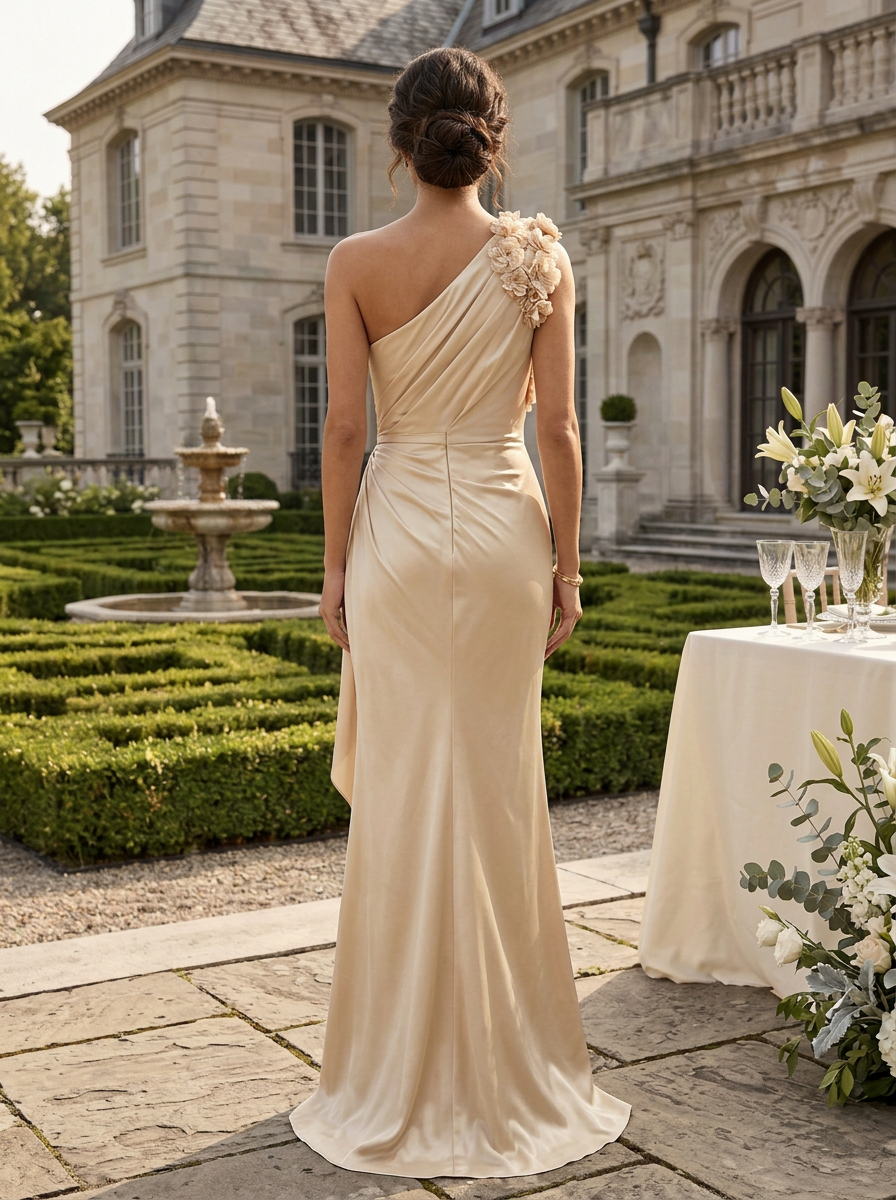 Champagne 3D Floral Ruched Satin One Shoulder Sleeveless Sheath Floor-length Gown Dress