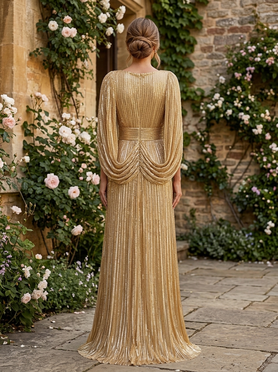 Formal Evening Fringe Dress Gold Cape V-neck Floor-length Gown