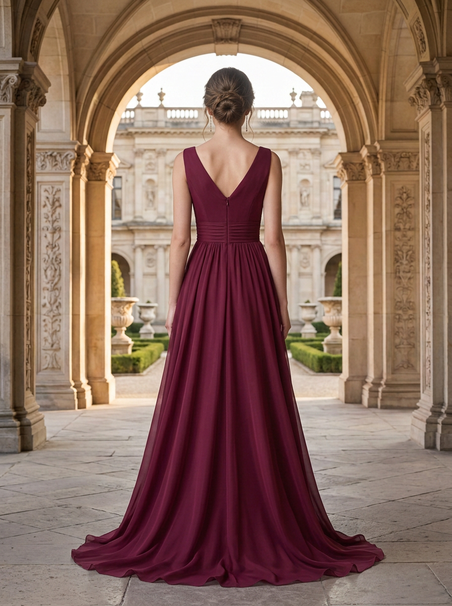 Wine Red Organza Sleeveless V neck Draped Cinched-Waist Maxi Dress