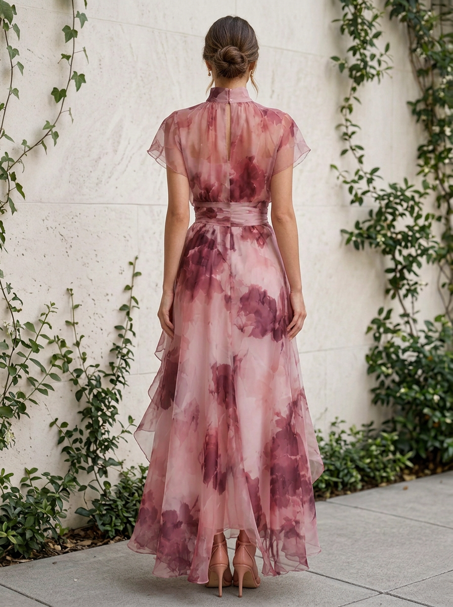 Pink Floral Print High Neck Chiffon Maxi Dress
