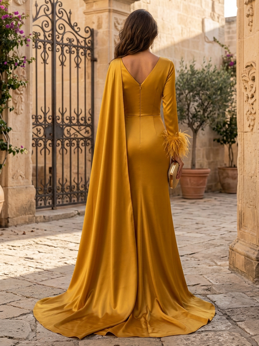 Evening Formal Gold Satin Dress V Neck Long Sleeve Cape Maxi Gown