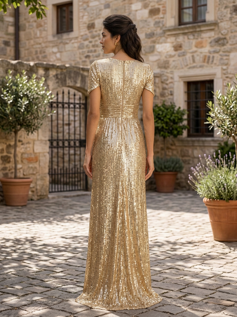 Formal Evening Gold V-Neck Sequins Maxi Dress