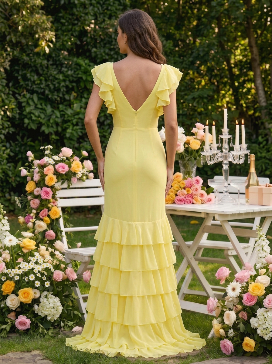 Yellow Chiffon V Neck Mermaid Ruffled Maxi Formal Dress with Slit