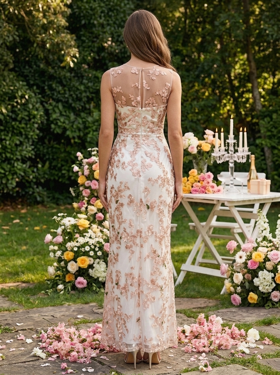 Pink Lace Crew Neck Sleeveless Sheath Maxi Dress