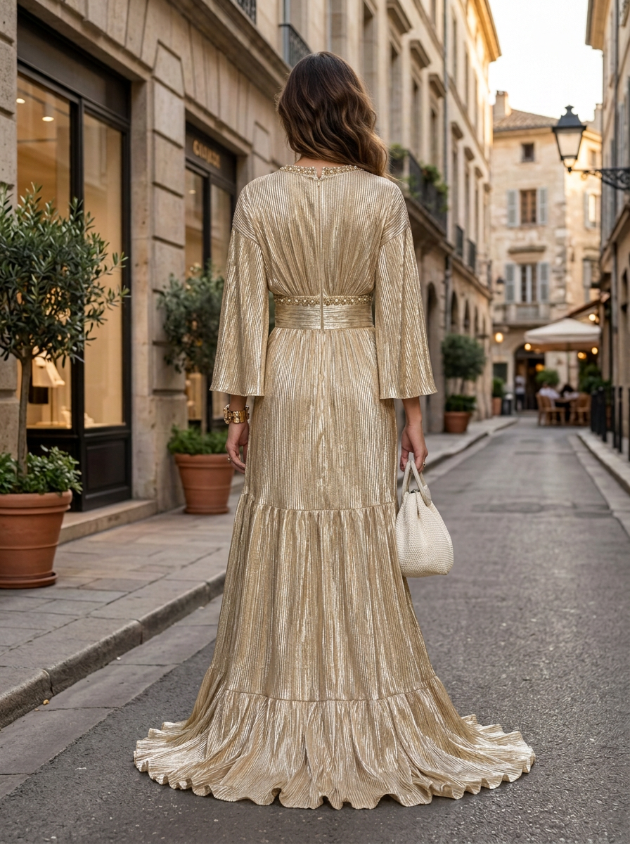 Gold Shimmer V-neck Beaded Waist 3/4 Sleeve Split Maxi Evening Gown