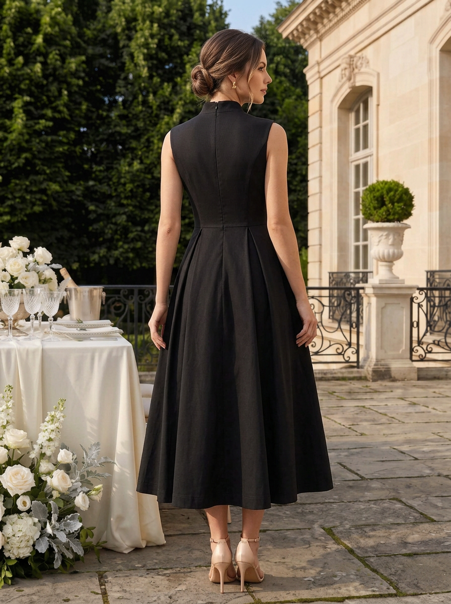 High-Neck Sleeveless Structured A-Line Midi Dress