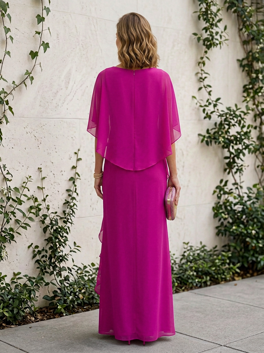 Asymmetric Tiered Chiffon Overlay Cape Maxi Dress