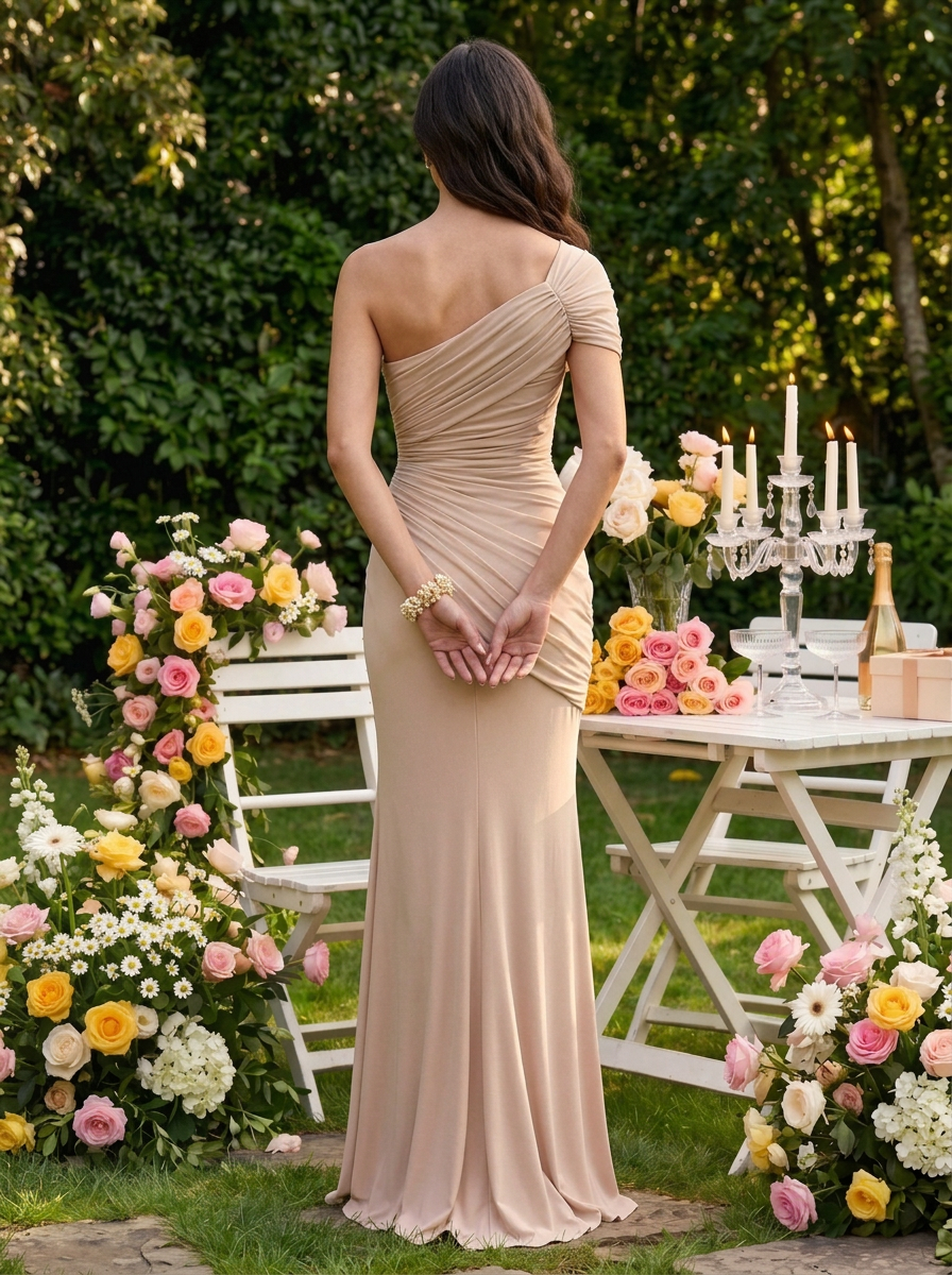 Formal Dress Light Khaki Sheath One Shoulder Maxi Dress