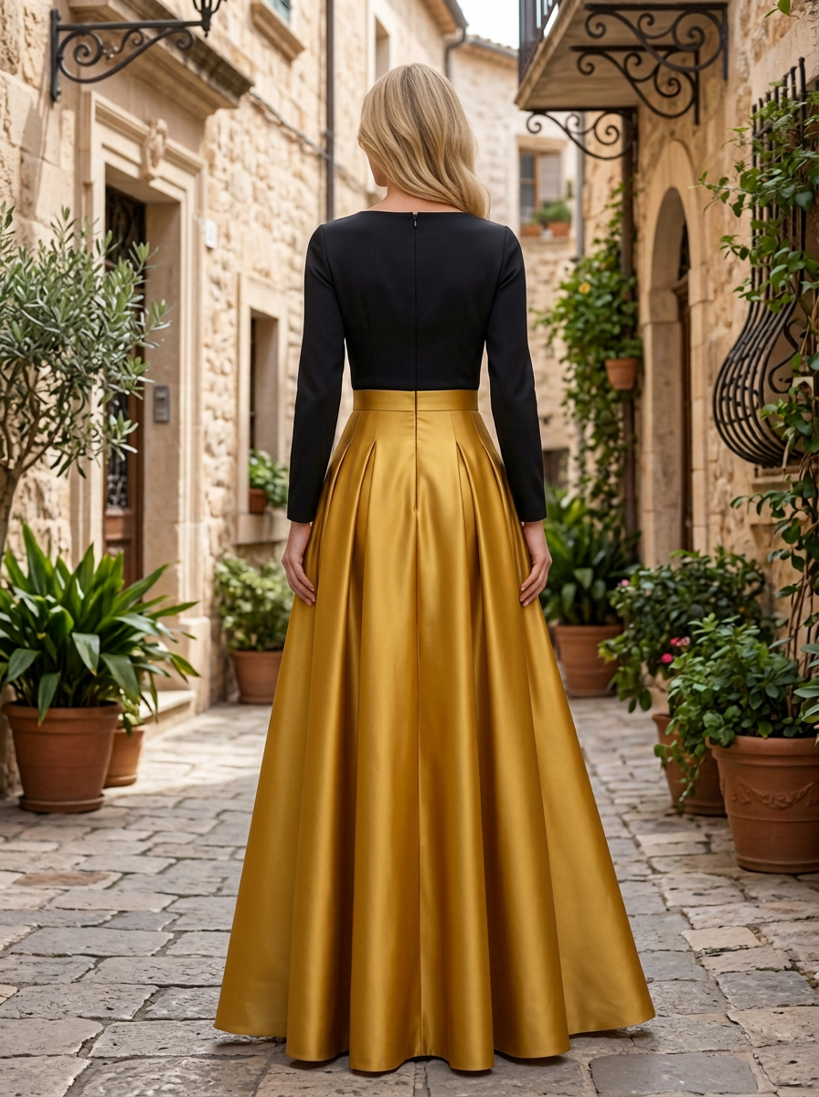 Evening Formal Dress Gold A-Line Crew Neck Satin Two-piece dress