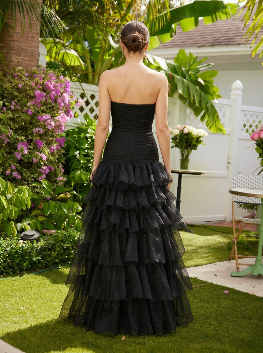 Black Strapless Tulle Tiered Ruffles Formal Dress