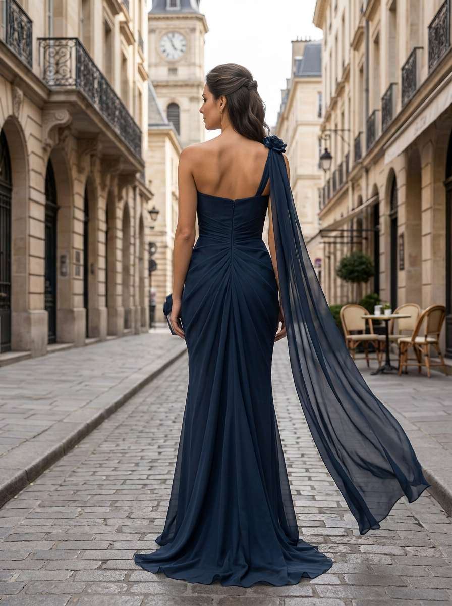 Navy Blue Asymmetric Chiffon Maxi Dress With Floral Accents