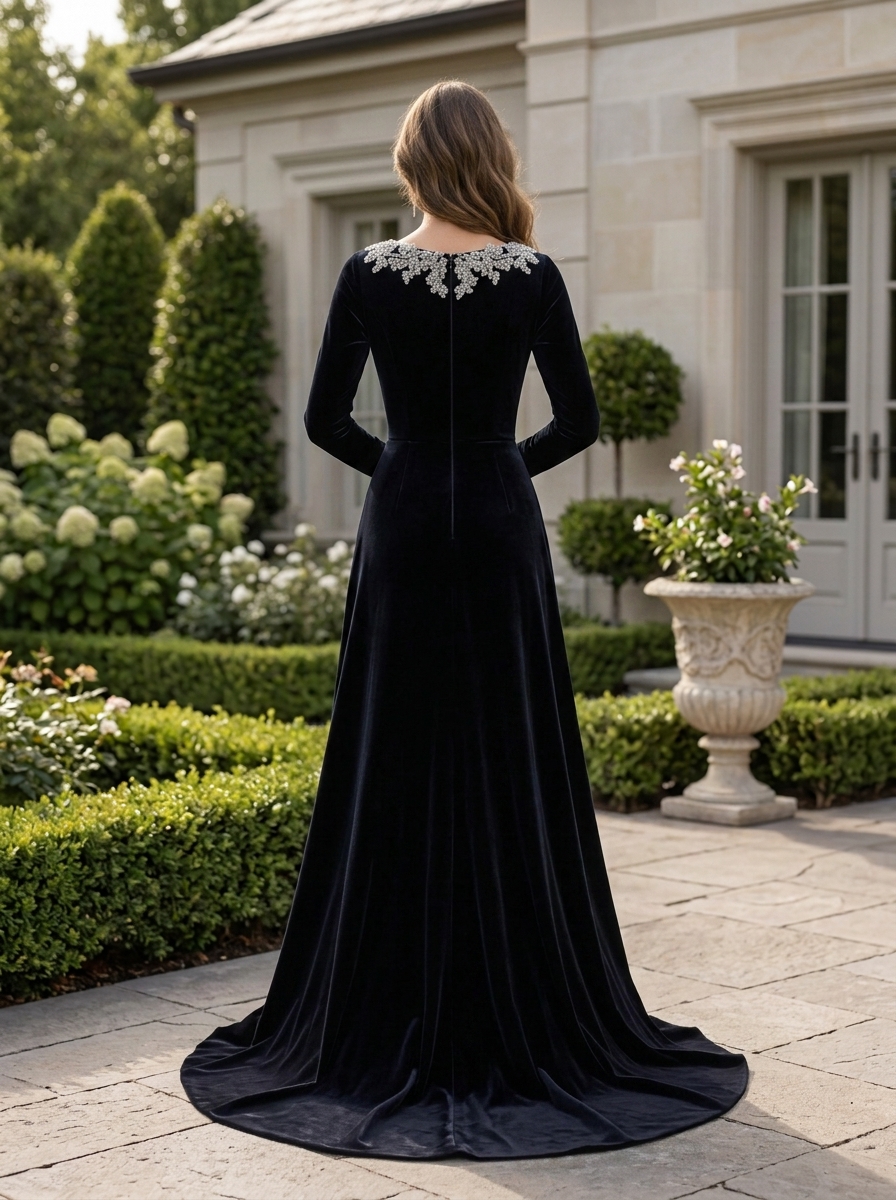 Formal Evening Velvet Dress Black V Neck Long Sleeve Slit Midi Dress
