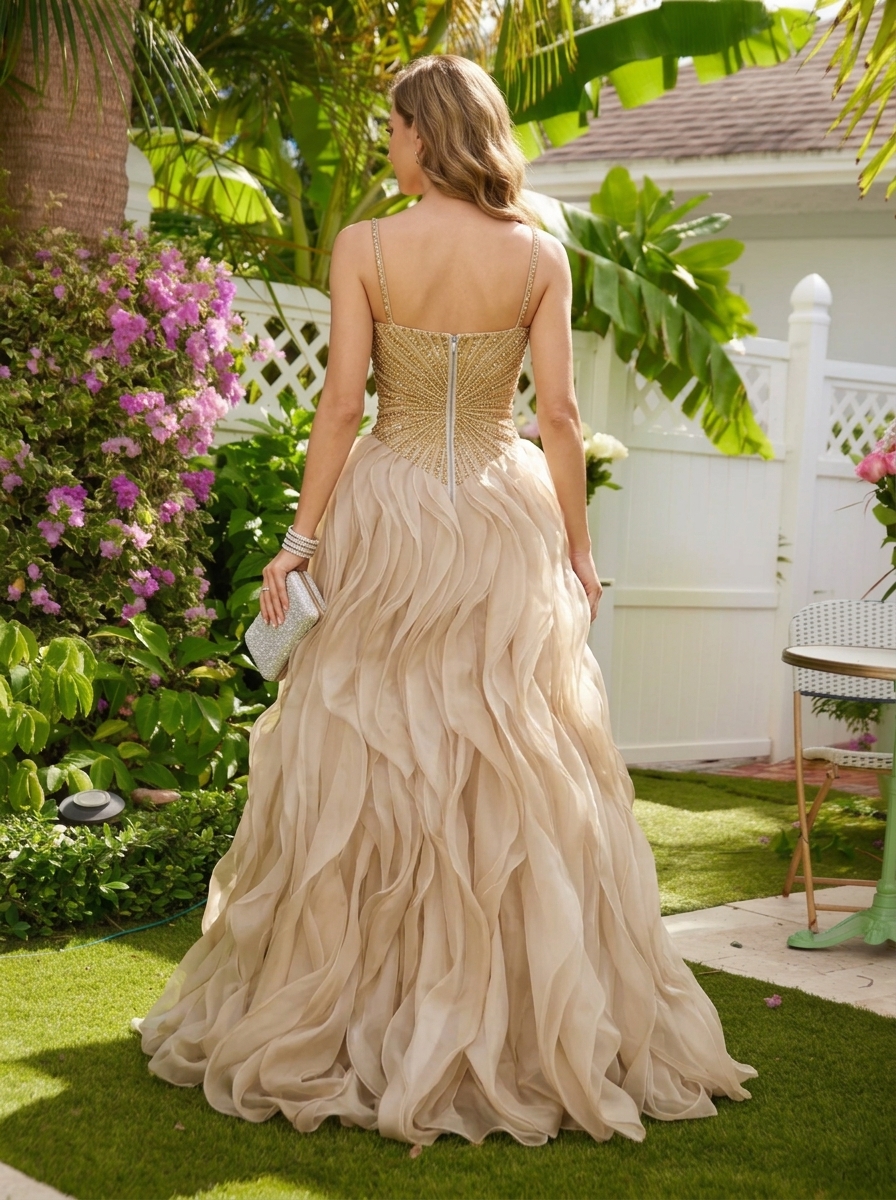Champagne Sweetheart Beaded Bodice Spaghetti‑Strap Ruffled Organza Ball‑Gown Floor‑Length Evening Dress