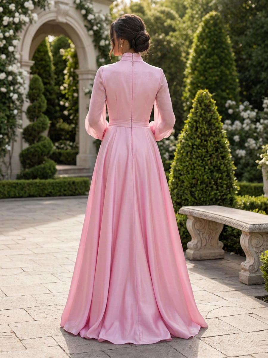 Pink High-Neck Satin Maxi Dress
